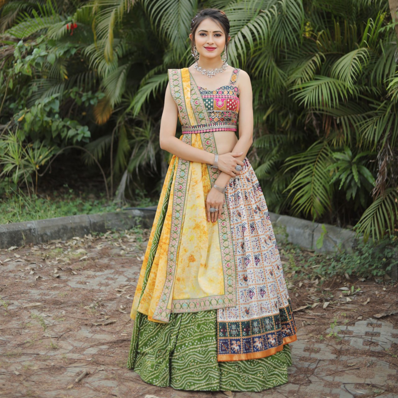 Multi Coloured Bandhej Patola Foil Print Lahenga Choli