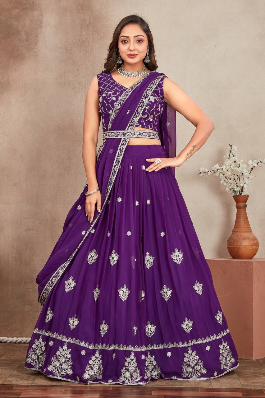 Latest Heavy Georgette Purple Lehenga Choli With Embroidery Zari Work