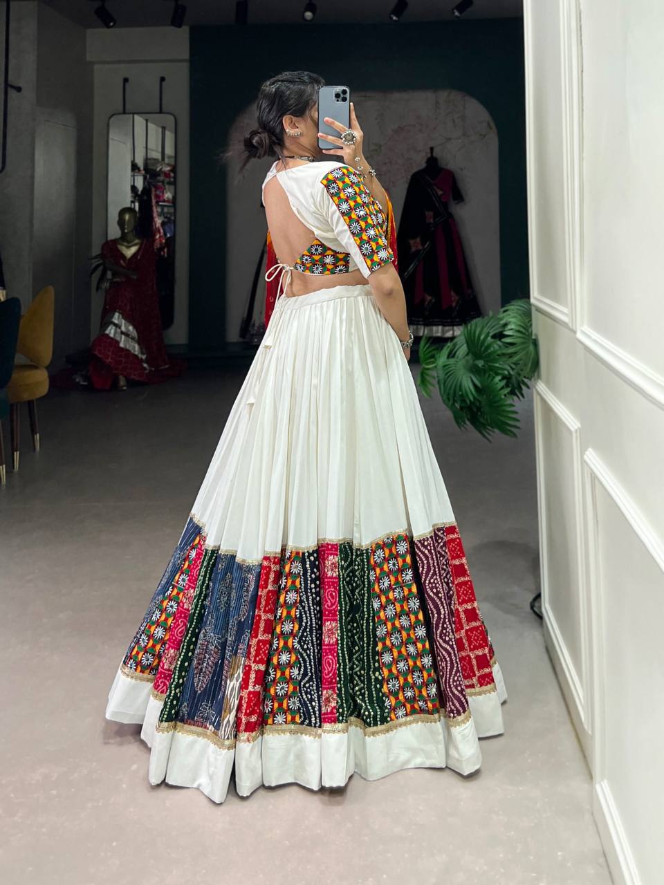 Plain And Printed With Original Mirror Gamthi Work - Alluring White for Garba Steps!