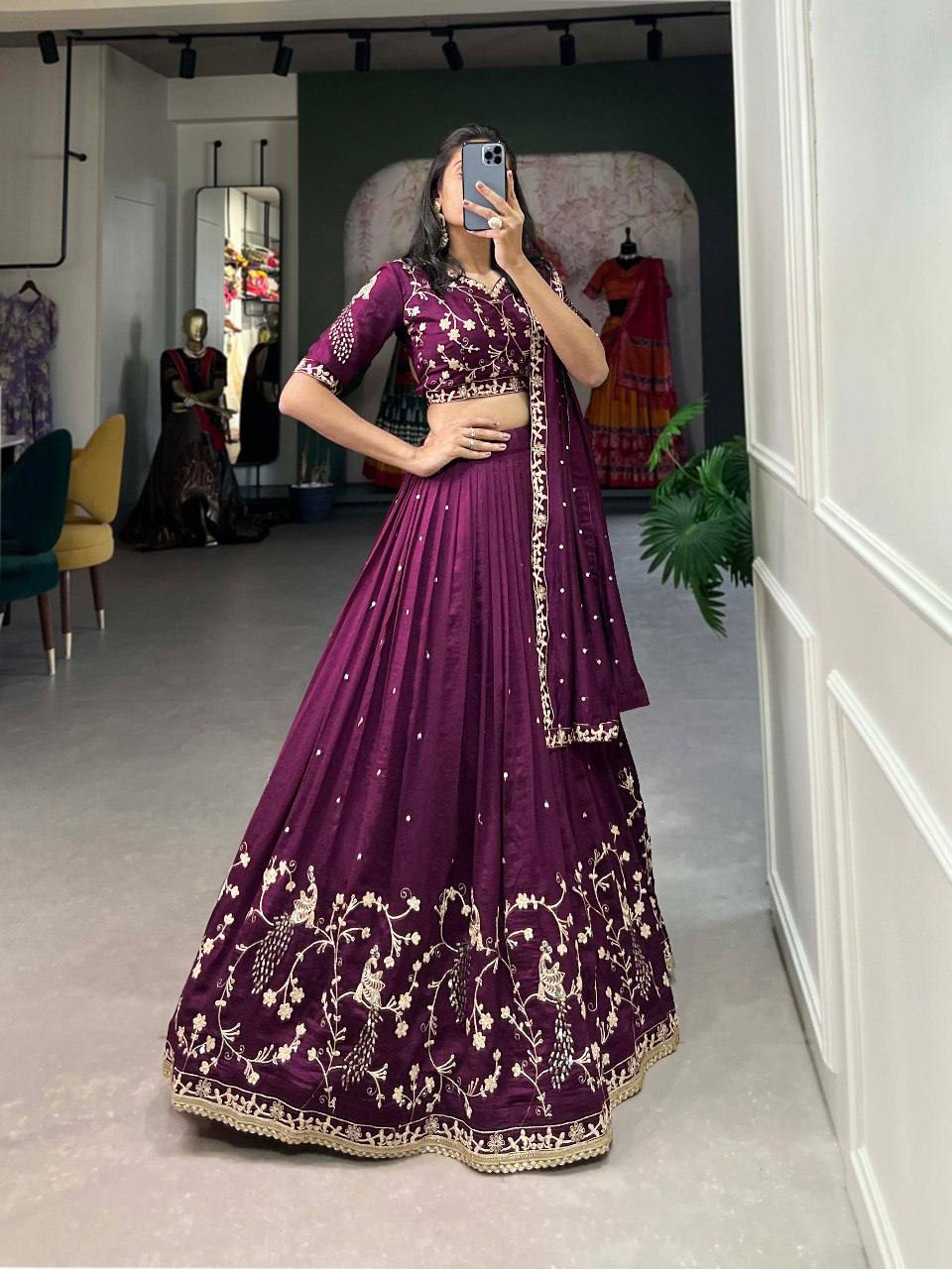 Raj Gharana:- Wine-Colored Vichitra Silk Lehenga Choli