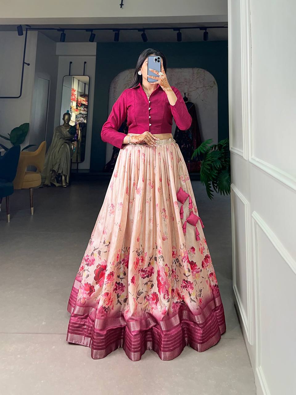 Raj Gharana:- Floral Print With Sequins and Zari Border