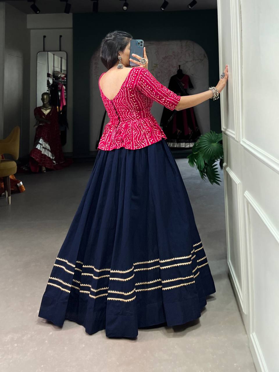 Bandhej Print Blouse and Plain With Gota Patti Touch Up Lehenga