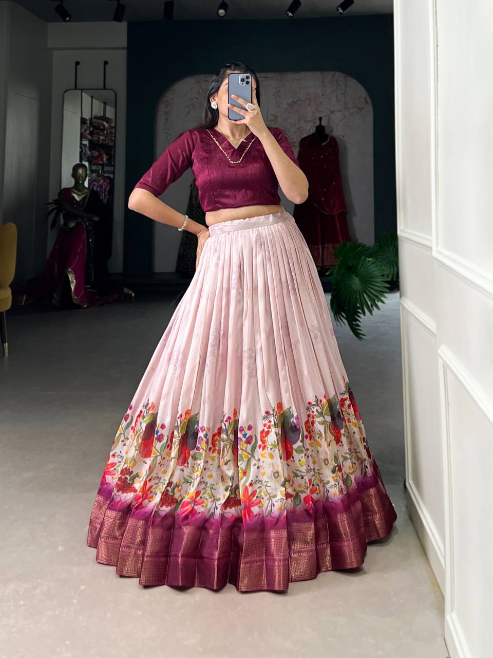 Cotton Silk Floral Print Lehenga With Banglory Blouse