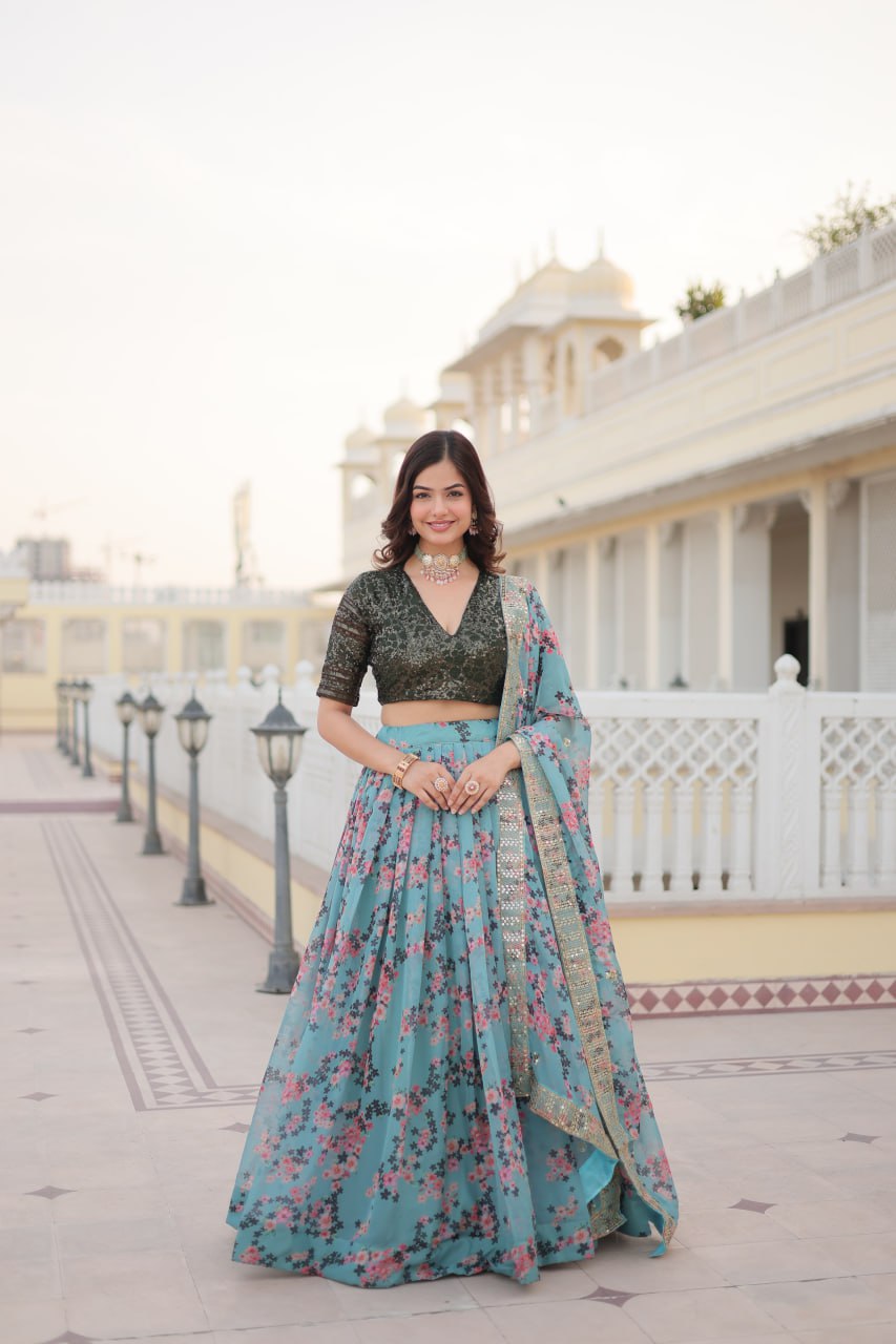 Sky Blue Premium Digital Printed Russian Silk Fabric Lehenga Choli