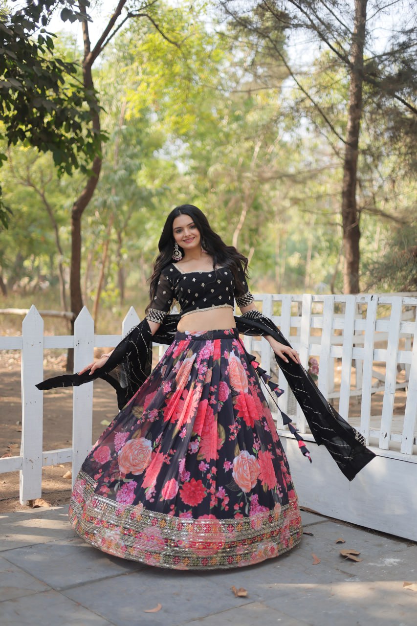 Black - Pink Digital Printed Faux Georgette Lehenga Choli With Heavy Sequins