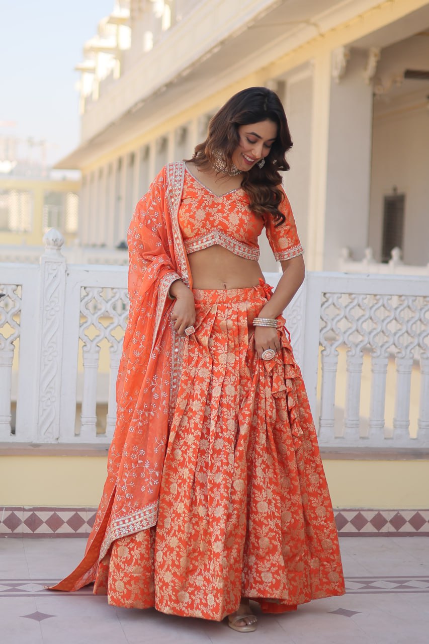 Designer Pure Dyable Viscose Jacquard Lehenga With Embroidered Sequins Work