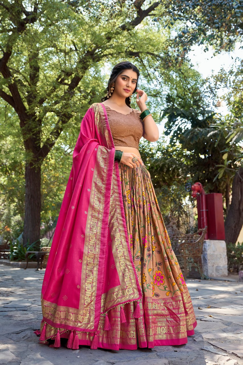 Latest Tussar Silk Lehenga Choli Kalamkari Print With Foil Print | Ready To Wear