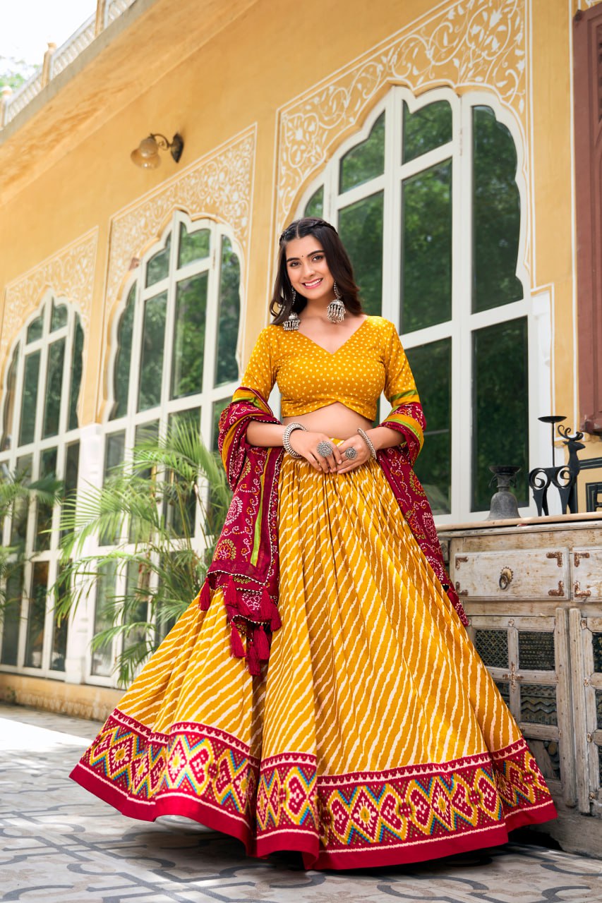 New Tussar Silk Lehenga Choli Leheriya With Patola Print Border  | Ready To Wear