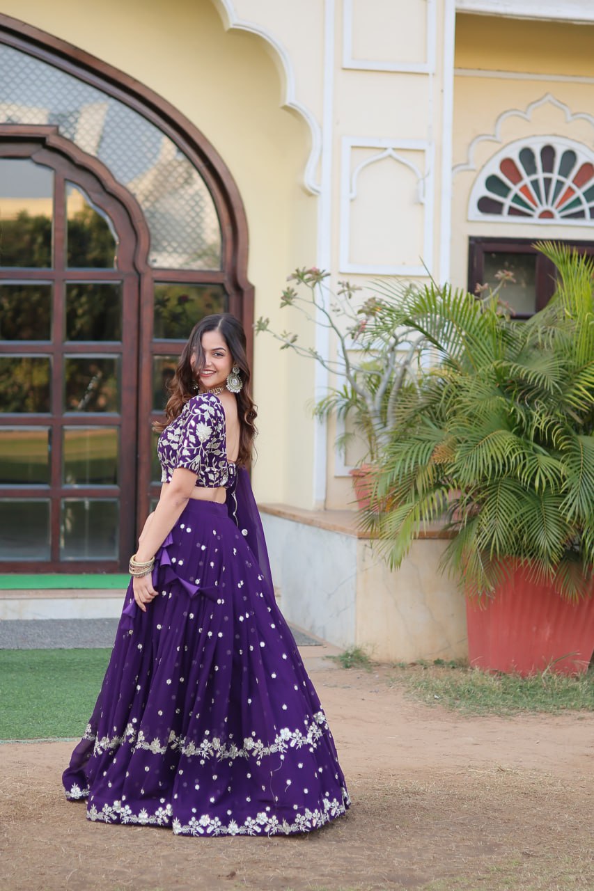 Purple Faux Blooming Georgette Lehenga With Heavy Sequins Embroidered Work