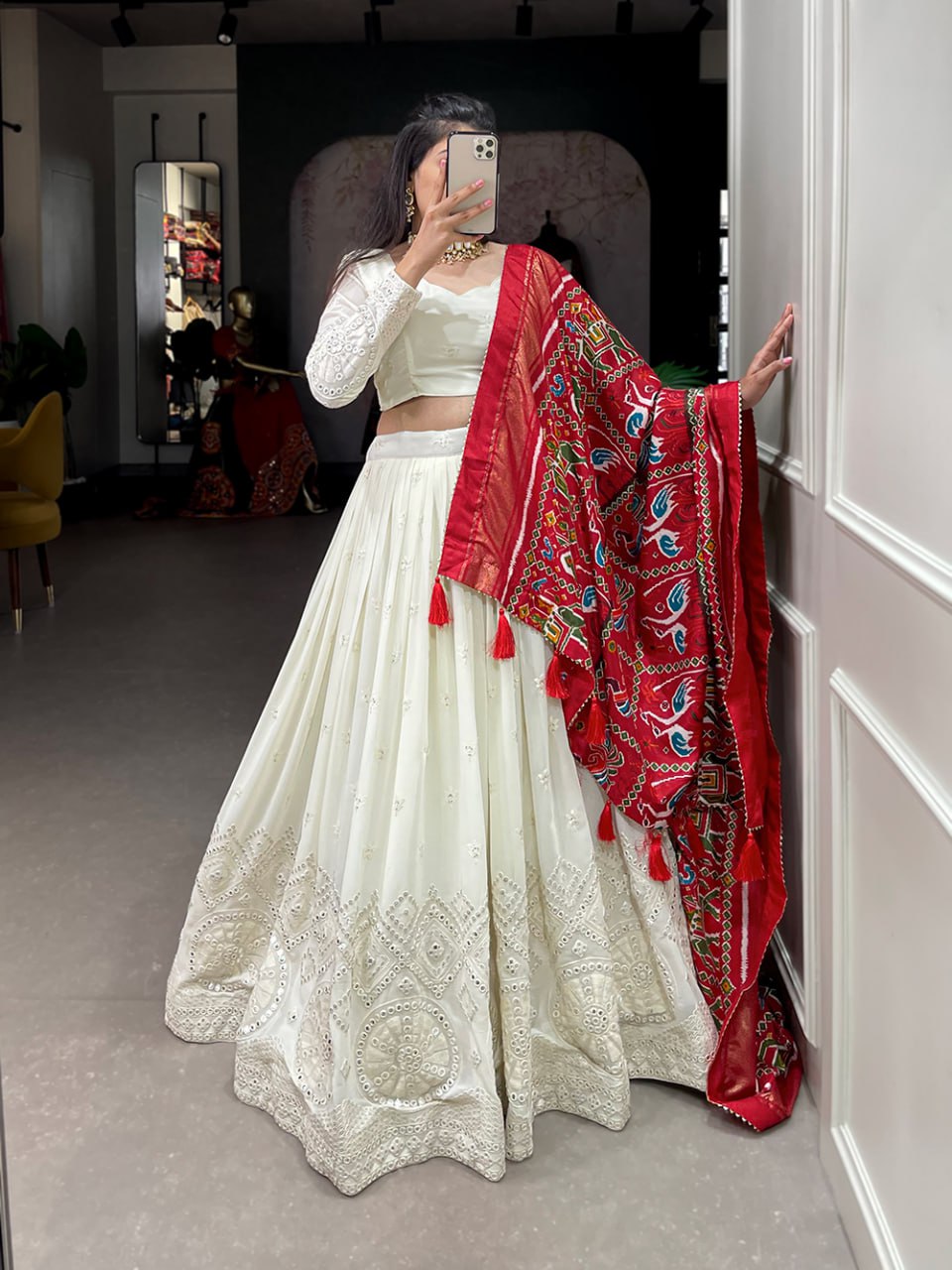 Pearl White Lucknowi Paper Mirror Work Lehenga Choli