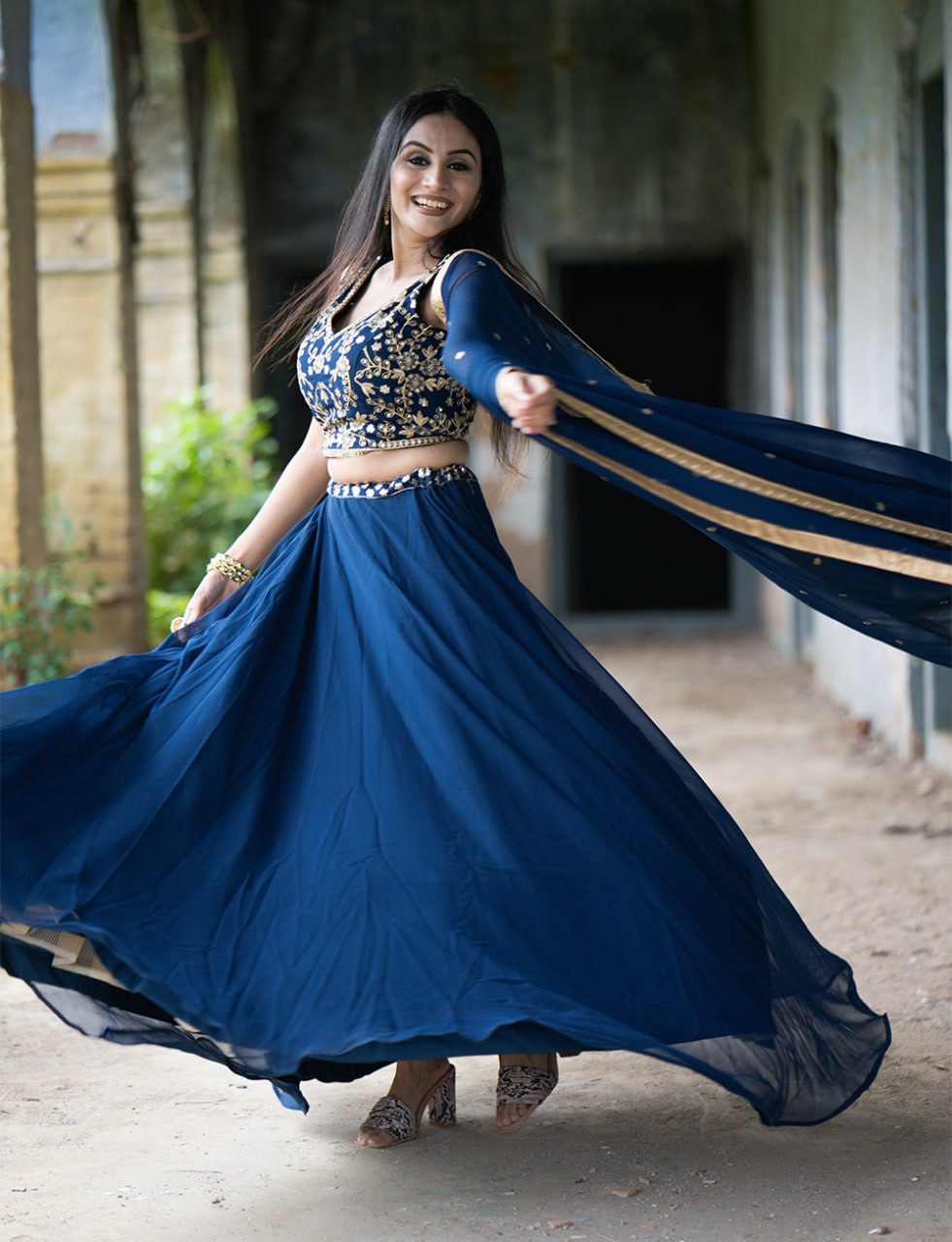 Navy Blue Georgette Sequins and Thread Embroidery Work Lehenga Choli