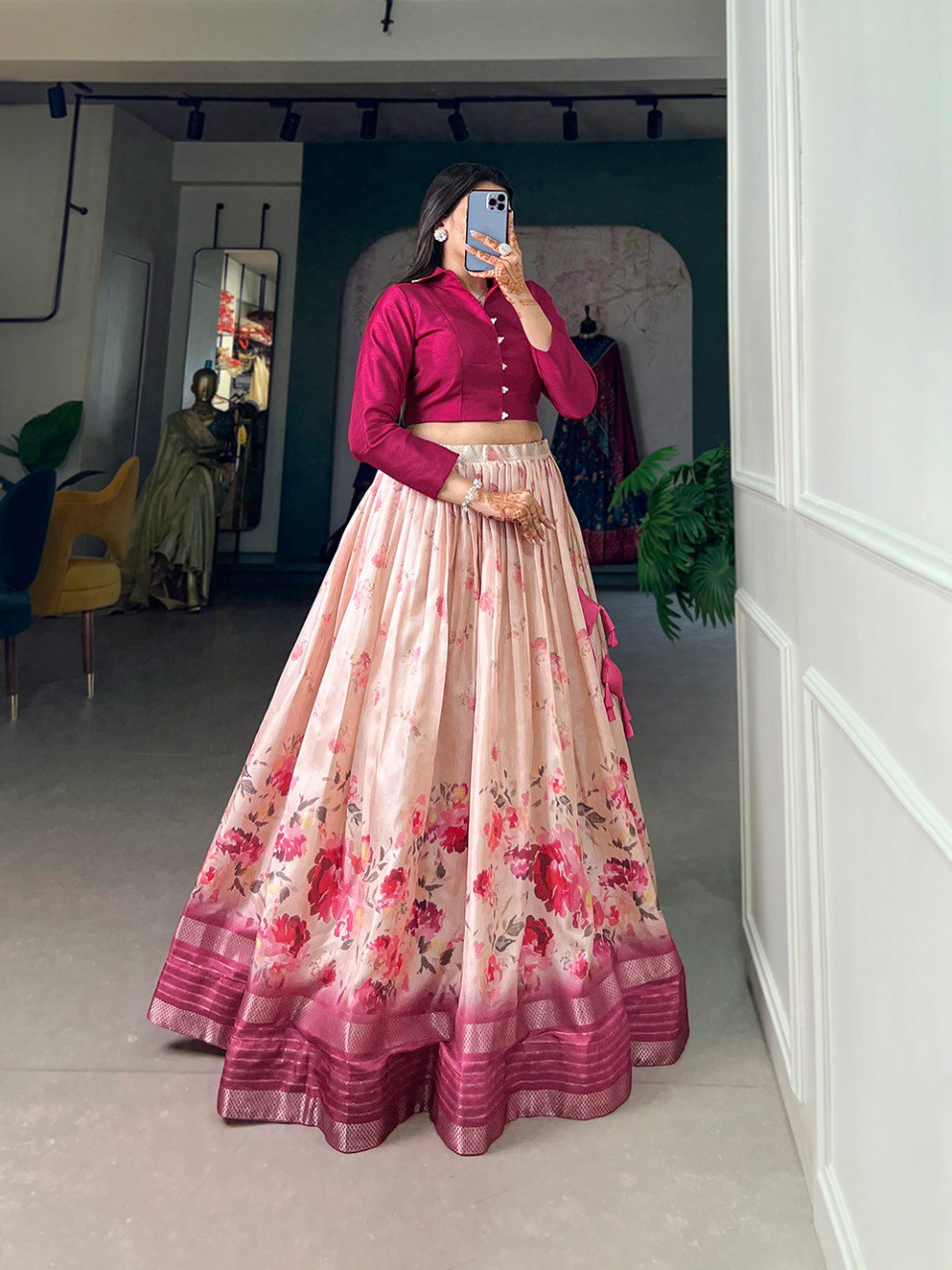 Wedding Lehenga Choli Floral Print With Sequins and Zari Border | Ready To Wear