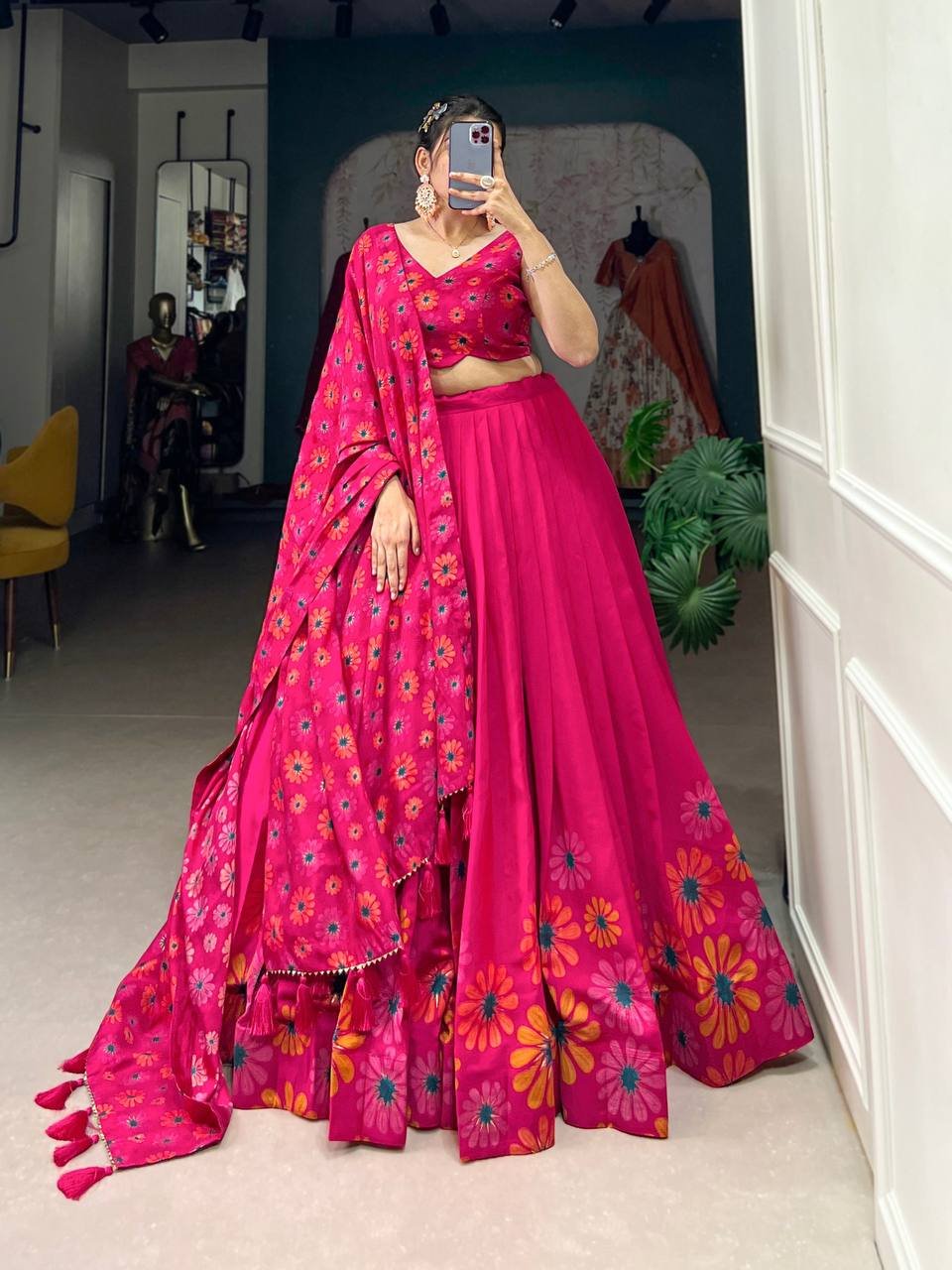 Latest Tussar Silk Lehenga Choli Floral Print With Foil Work  | Ready To Wear