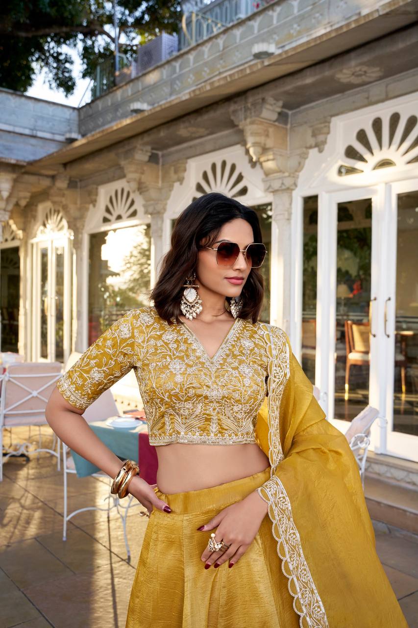 Wedding Golden Lehenga Choli With Goldie Plain Work | Ready To Wear