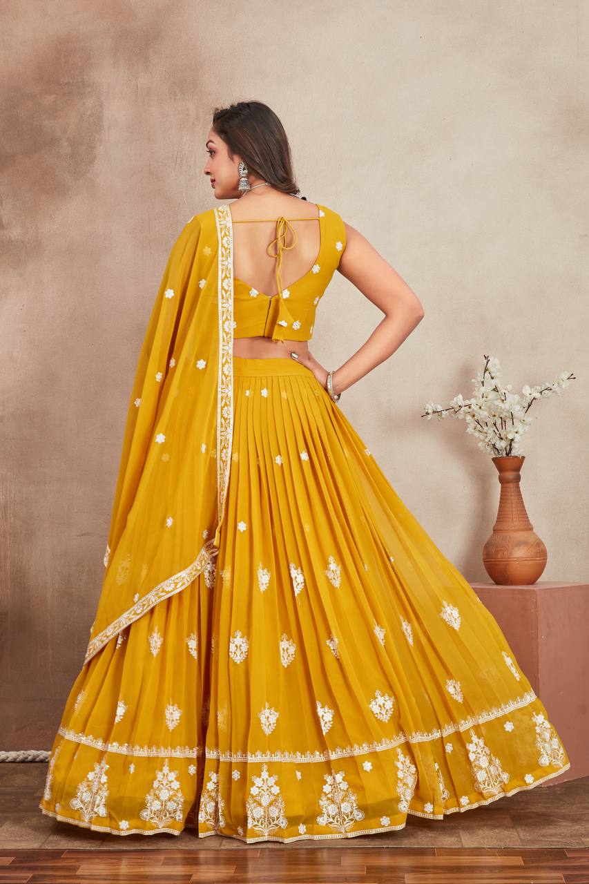 Beautiful Mustard Yellow Georgette Lehenga Choli With Embroidery Thread Work