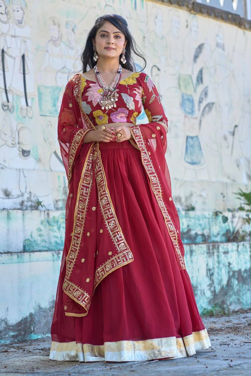 Classical Maroon Embroidery Lehenga Choli With Heavy Gorgette Work | Ready To Wear