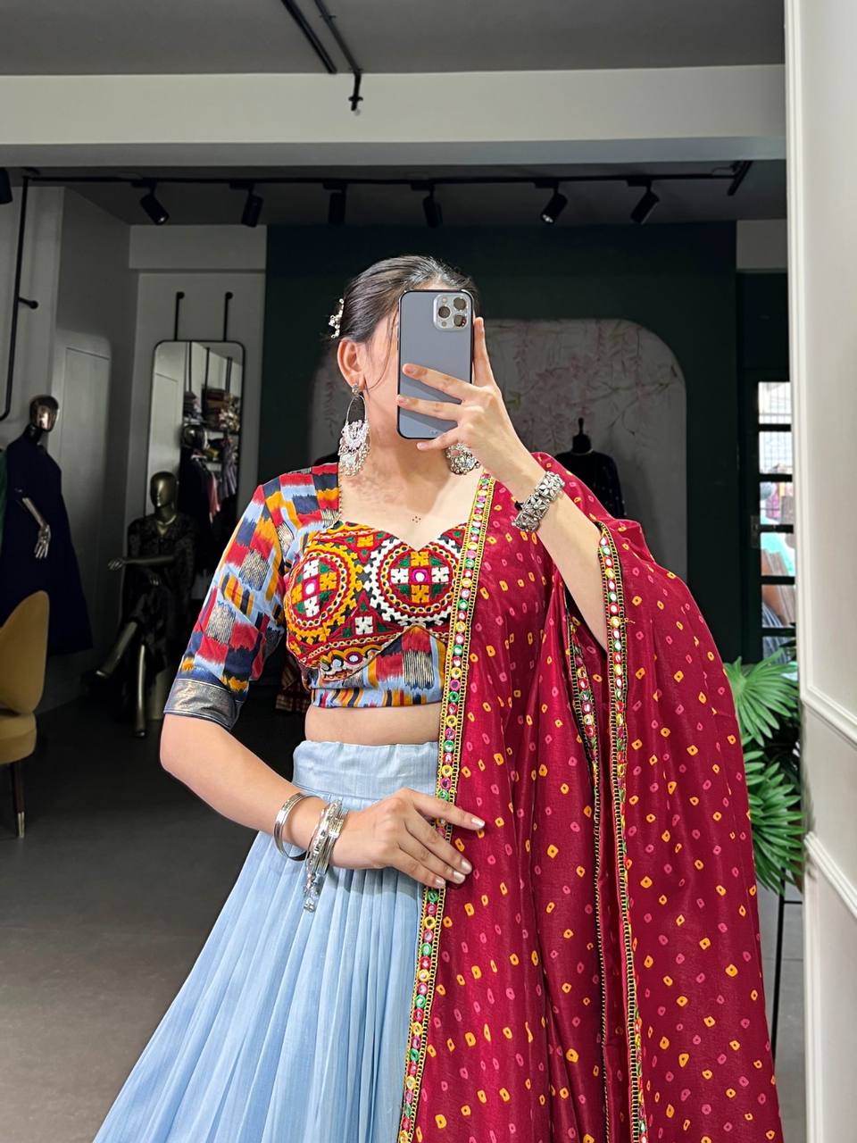 Dola Silk Lehenga Choli With Printed Foil And Mirror Work | Ready To Wear