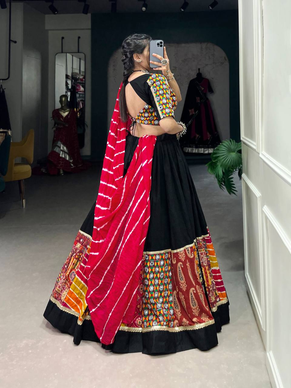 Alluring Black Plain And Printed With Original Mirror Gamthi Work | Navratri Collection September