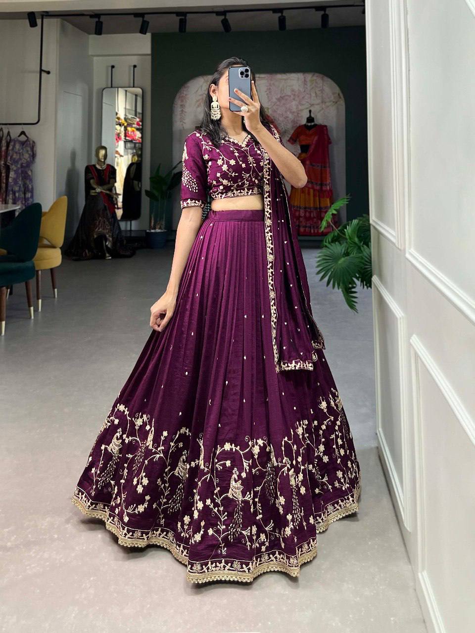 Raj Gharana:- Wine-Colored Vichitra Silk Lehenga Choli - India shopping