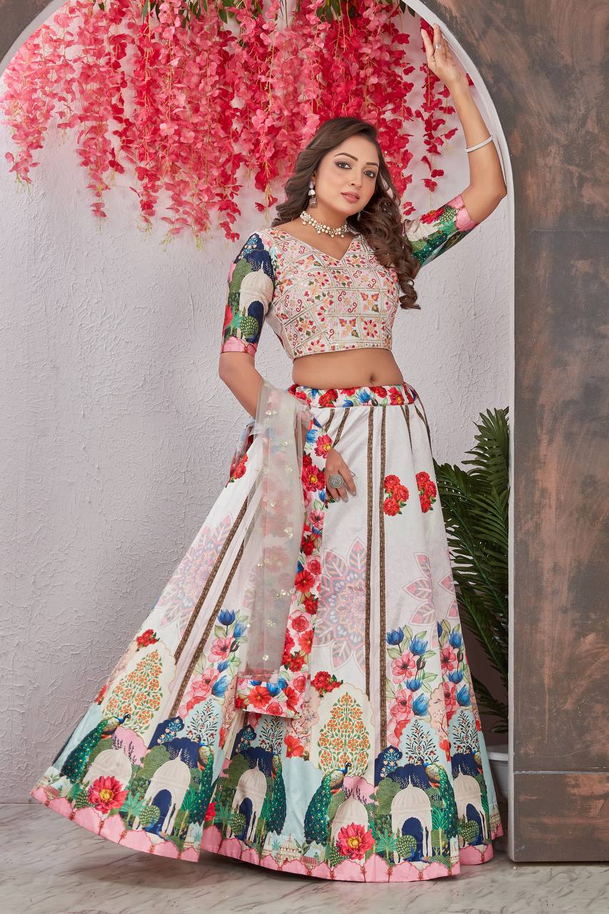 Off White Medonna Silk Vrundavan Lehenga Choli