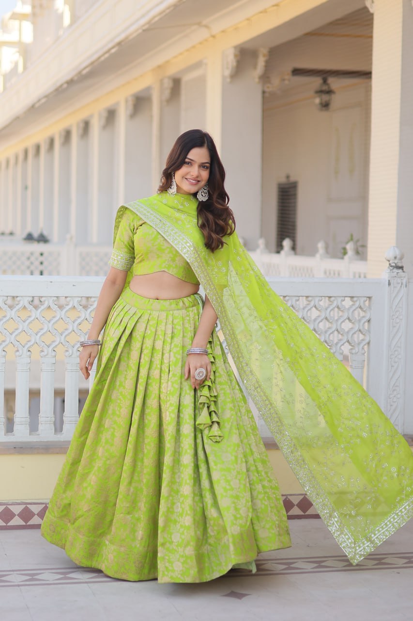 Designer Pure Dyable Viscose Jacquard Lehenga With Embroidered Sequins Work