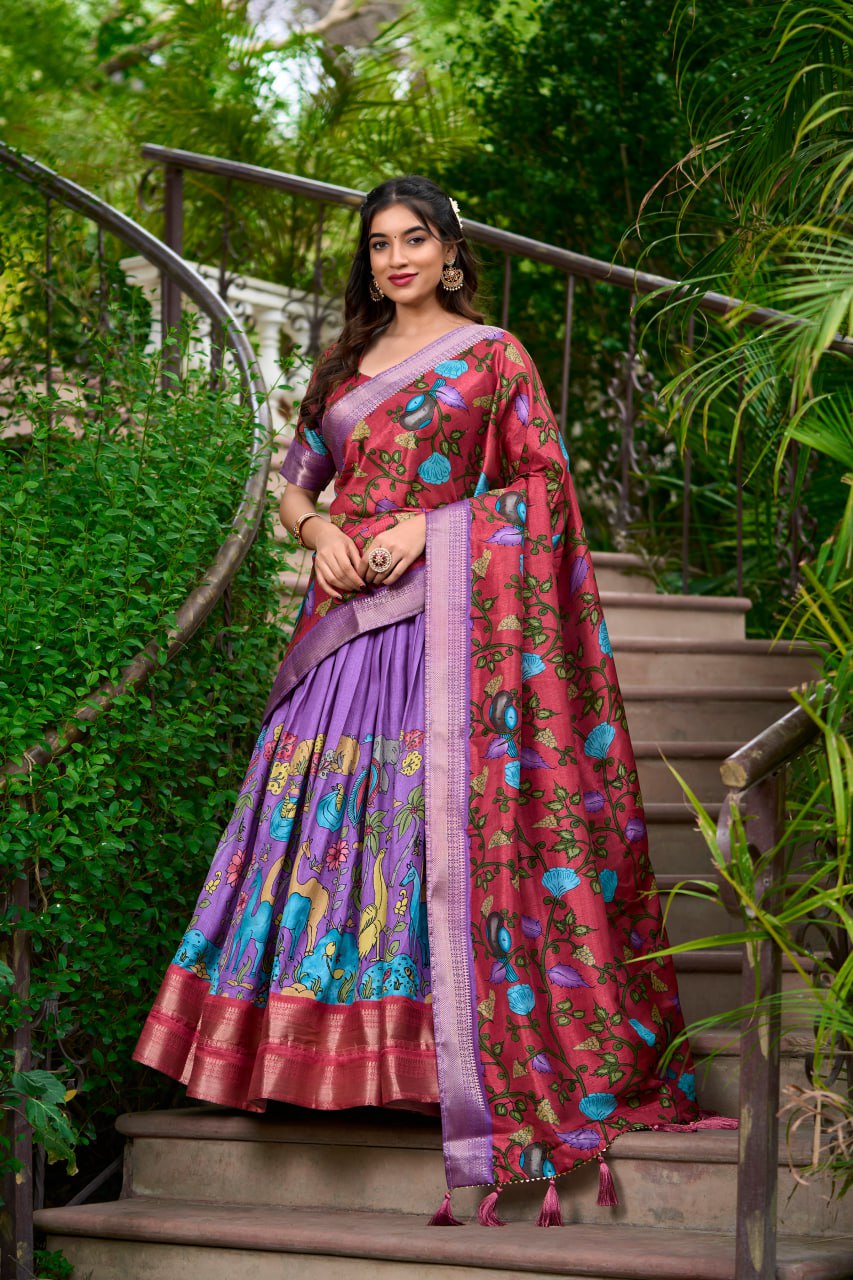 New Dola Silk Lehenga Choli Kalamkari Print With Zari Weaving Border | Ready To Wear