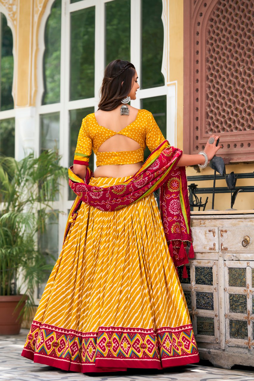 New Tussar Silk Lehenga Choli Leheriya With Patola Print Border  | Ready To Wear