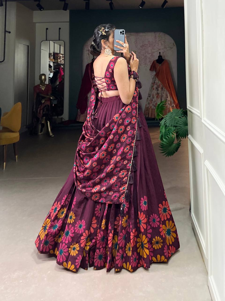 Latest Tussar Silk Lehenga Choli Floral Print With Foil Work  | Ready To Wear