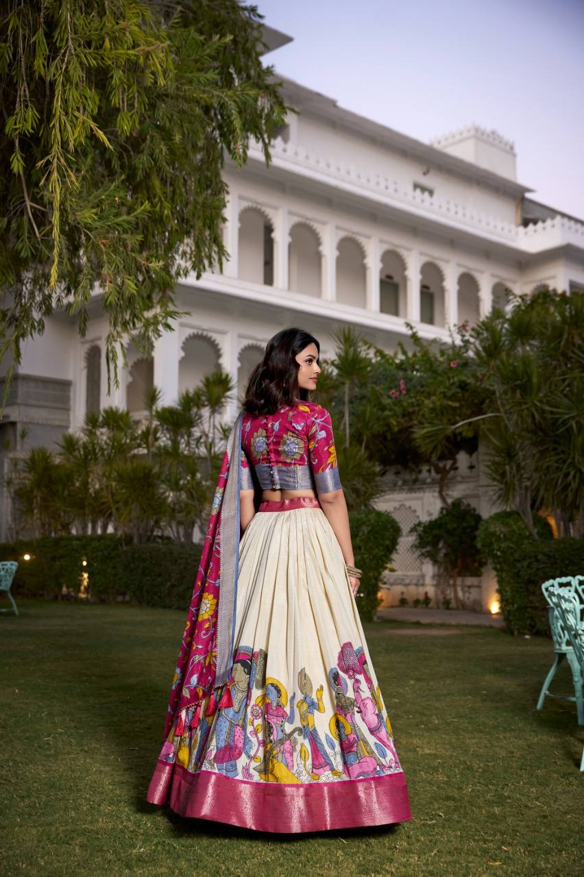 Wedding Lehenga Choli Printed Kalamkari With Zari Weaving Border | Ready To Wear