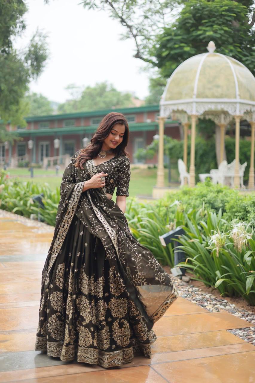 Black Designer Lehenga - Rangoli Silk With Heavy Sequins & Thread Embroidered Work