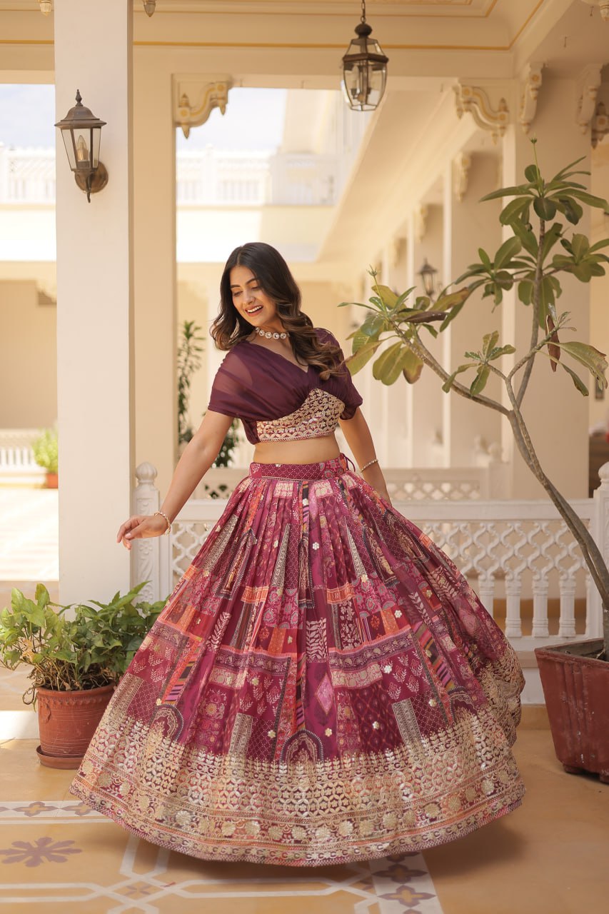 Russian Silk Rich Digital Printed Lehenga Choli With Foil Embroidery Work