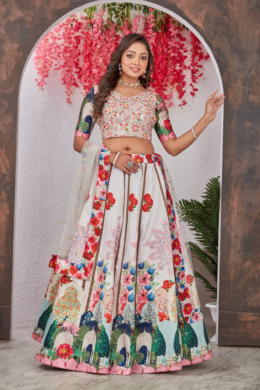 Off White Medonna Silk Vrundavan Lehenga Choli