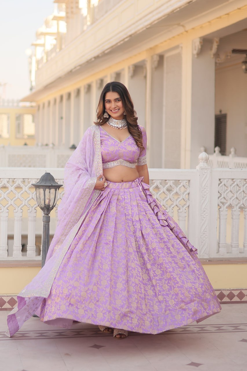 Designer Pure Dyable Viscose Jacquard Lehenga With Embroidered Sequins Work