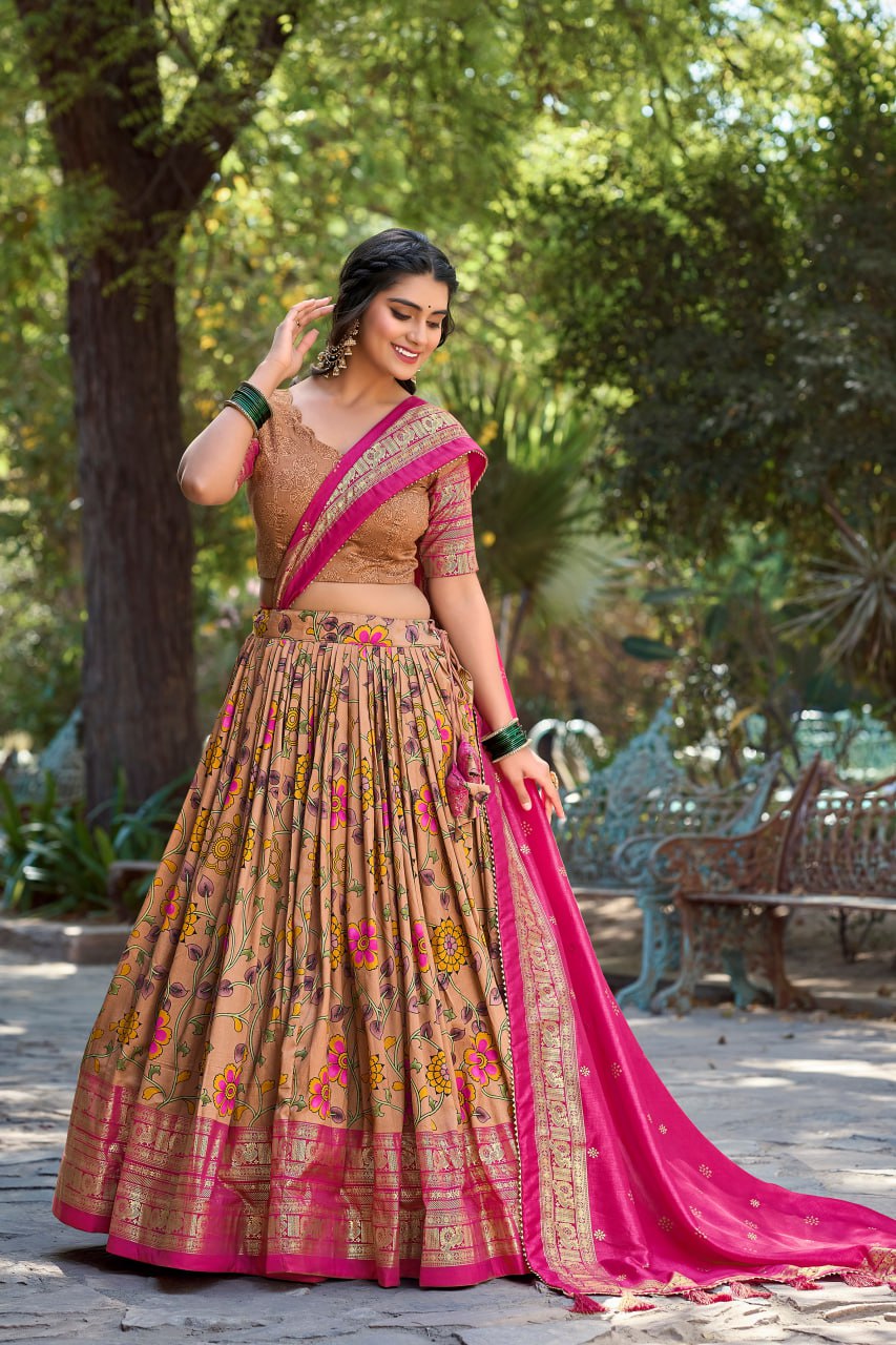 Latest Tussar Silk Lehenga Choli Kalamkari Print With Foil Print | Ready To Wear