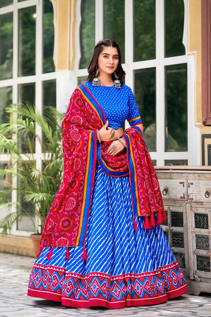 New Tussar Silk Lehenga Choli Leheriya With Patola Print Border  | Ready To Wear