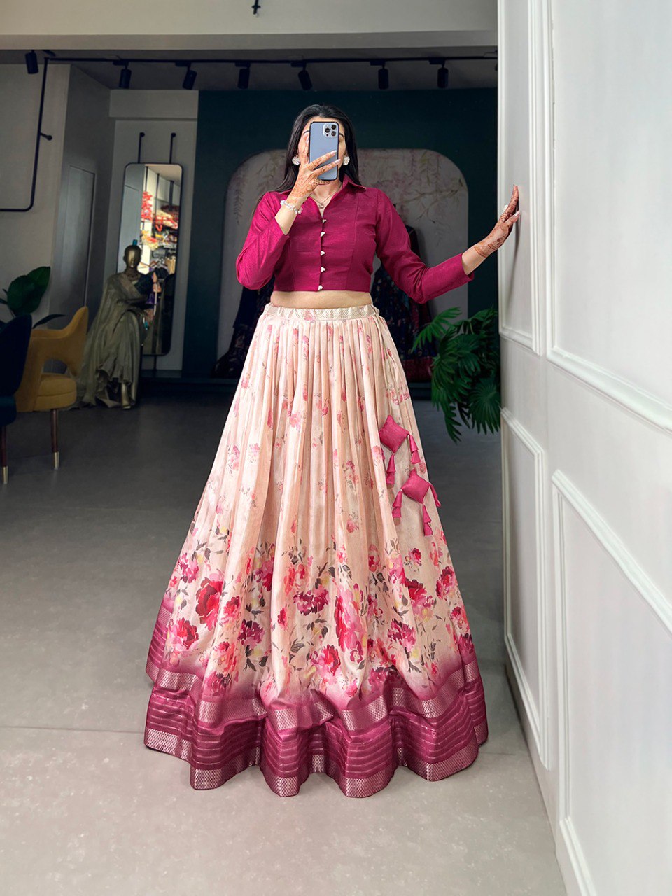 Wedding Lehenga Choli Floral Print With Sequins and Zari Border | Ready To Wear