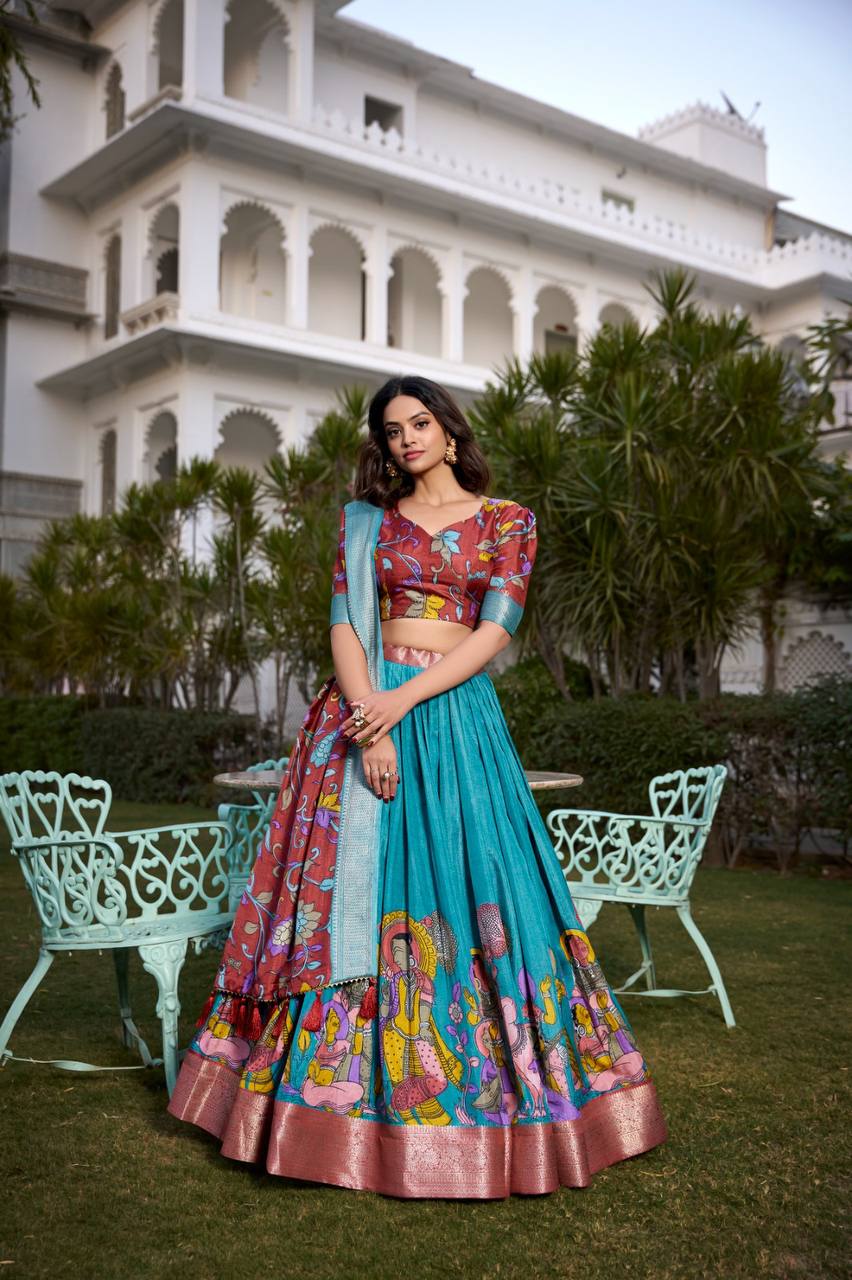 Wedding Lehenga Choli Printed Kalamkari With Zari Weaving Border | Ready To Wear