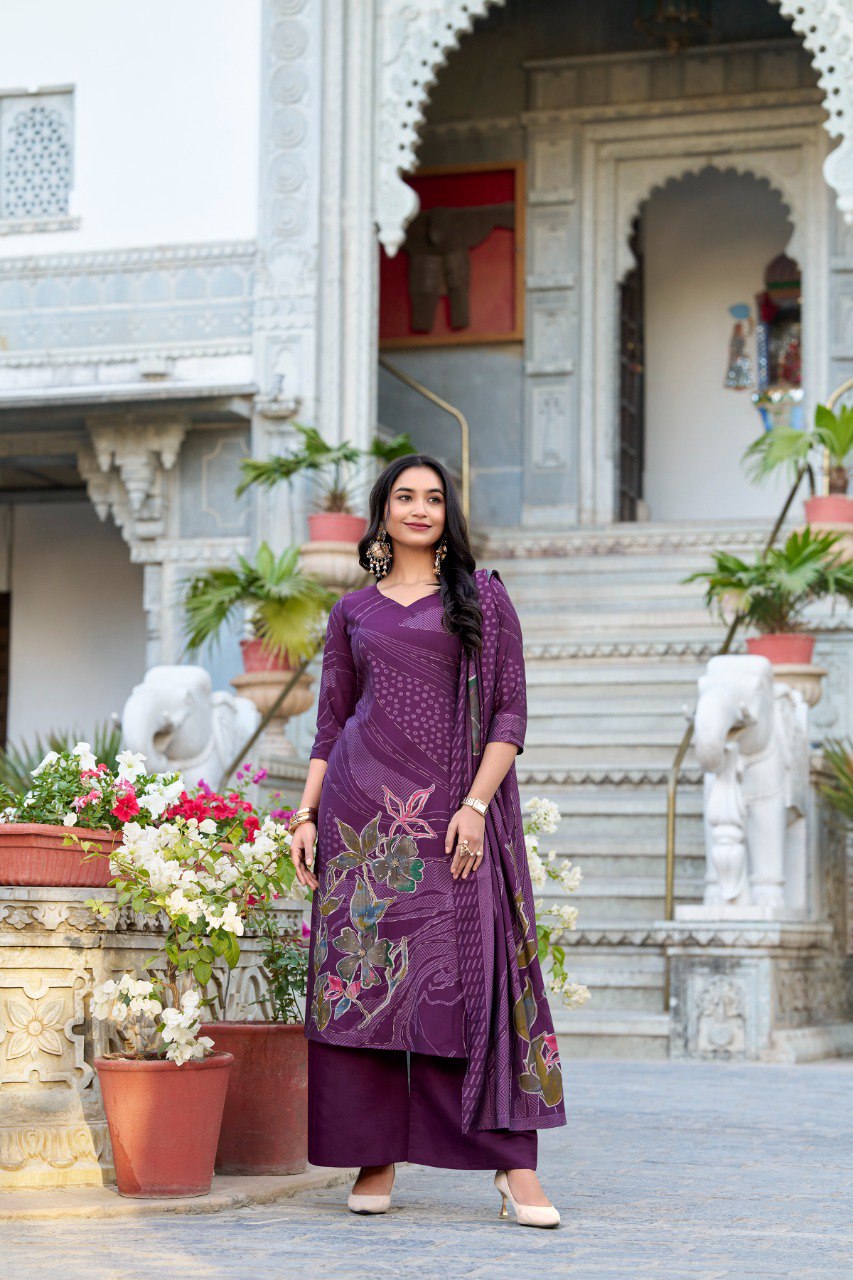 Roman Silk Salwar Suit Foral Print With Beets Handwork Ready To Wear