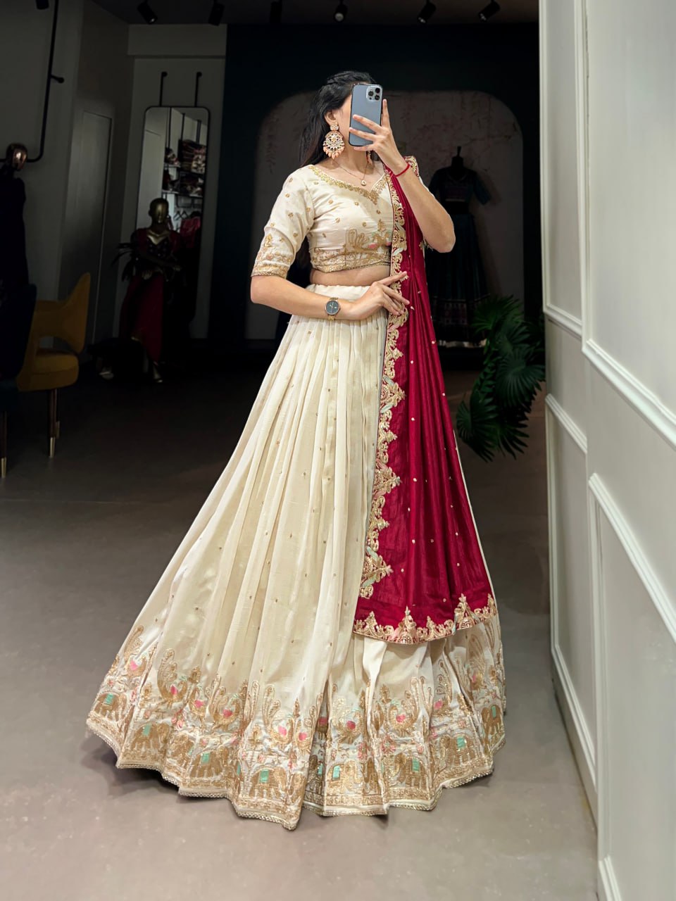 Beautiful Off White Lehenga Choli With Sequins and Thread Embroidery | Ready To Wear