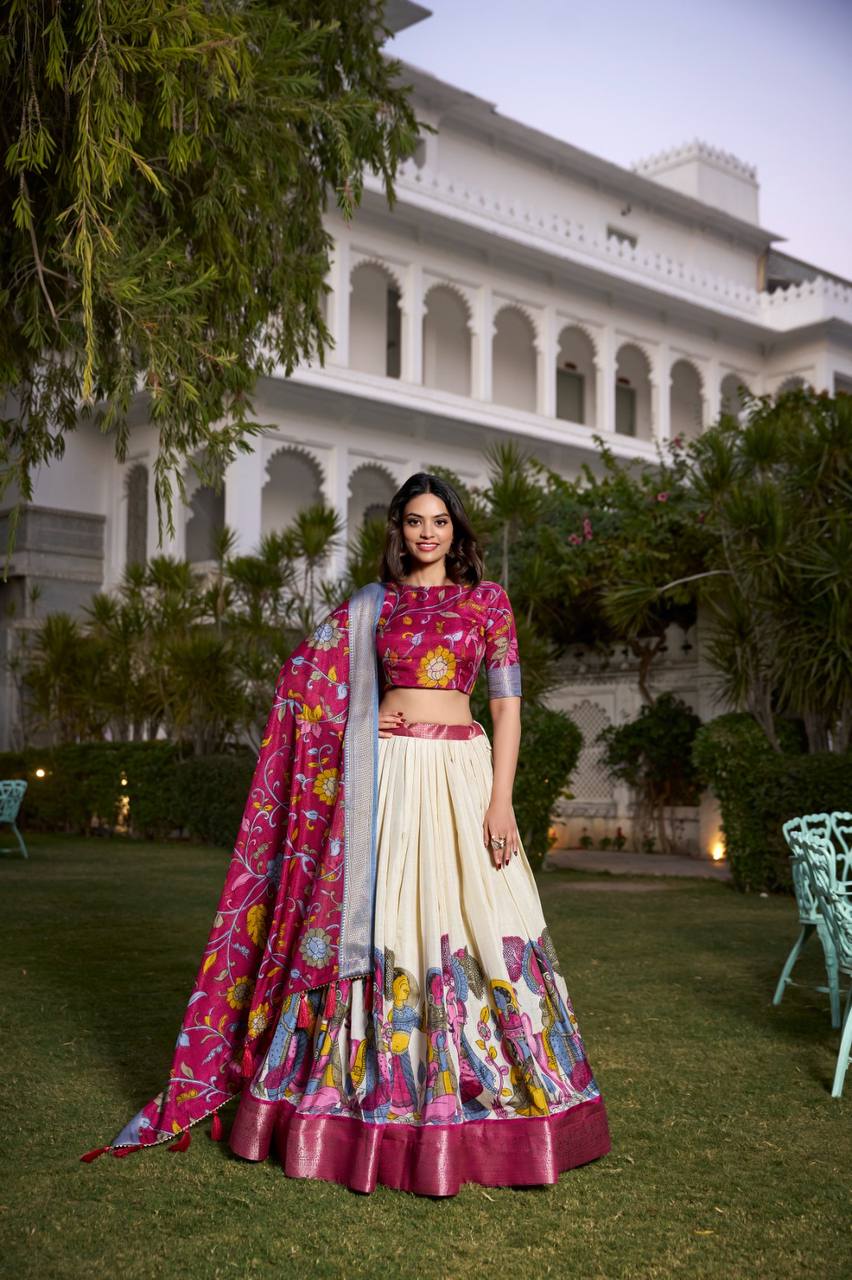 Wedding Lehenga Choli Printed Kalamkari With Zari Weaving Border | Ready To Wear