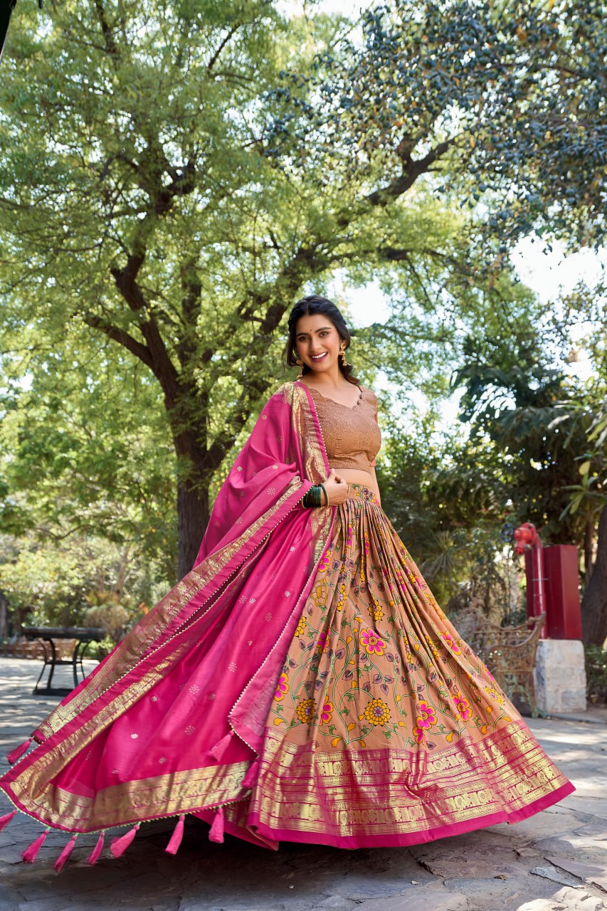 Latest Tussar Silk Lehenga Choli Kalamkari Print With Foil Print | Ready To Wear