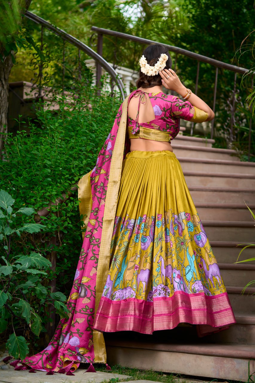 New Dola Silk Lehenga Choli Kalamkari Print With Zari Weaving Border | Ready To Wear