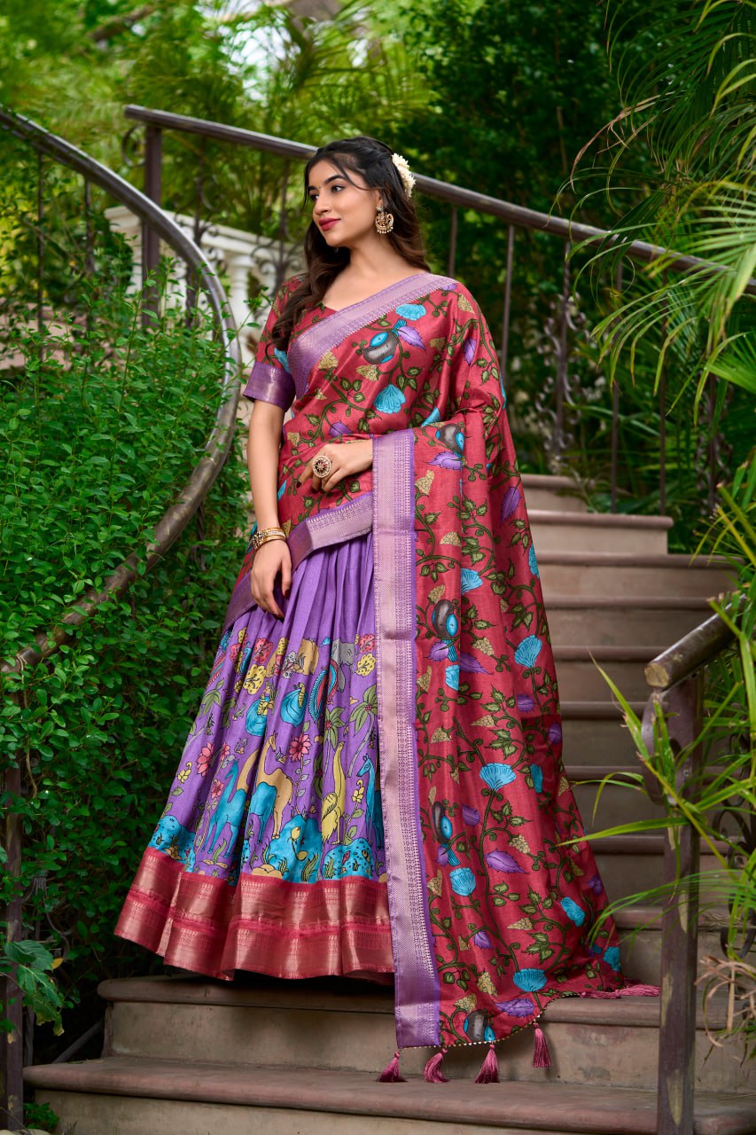 New Dola Silk Lehenga Choli Kalamkari Print With Zari Weaving Border | Ready To Wear