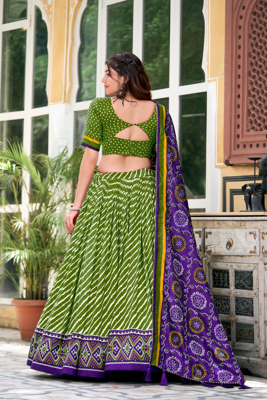 New Tussar Silk Lehenga Choli Leheriya With Patola Print Border  | Ready To Wear