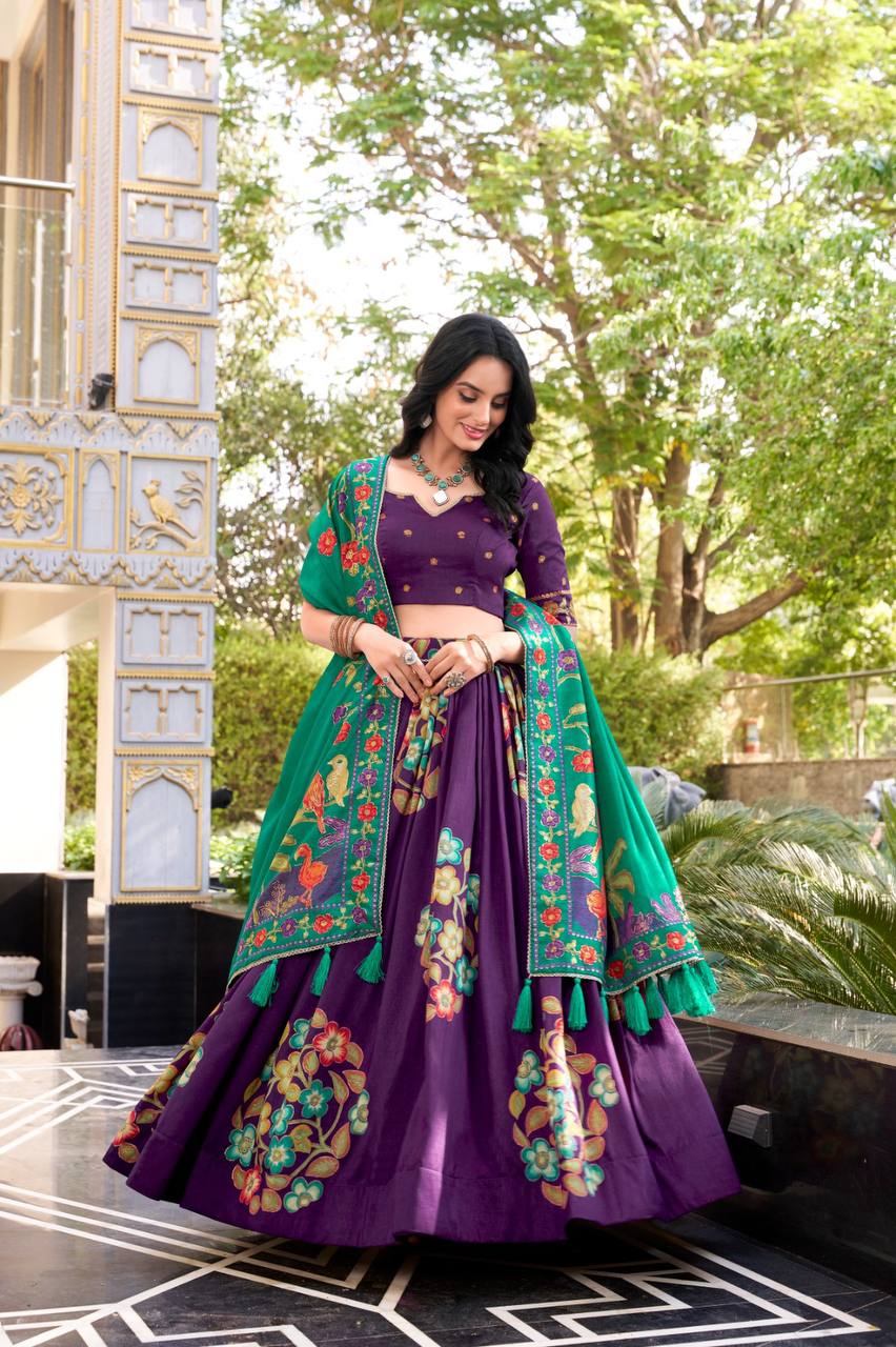 Tussar Silk Lehenga Choli With Printed Foil Work | Ready To Wear