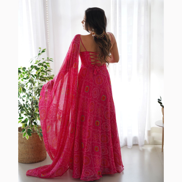 Chiffon Bandhej Fully Flair Gown For Women