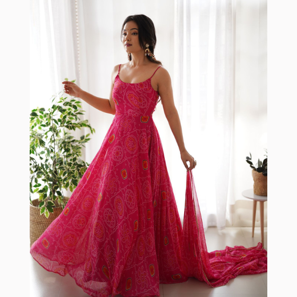 Chiffon Bandhej Fully Flair Gown For Women