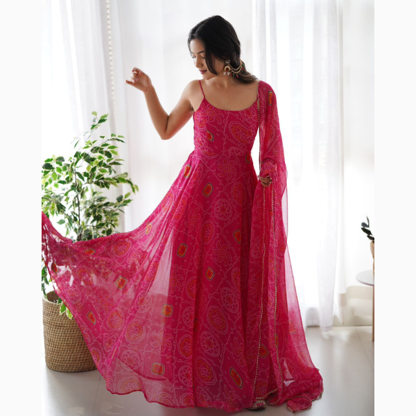 Chiffon Bandhej Fully Flair Gown For Women