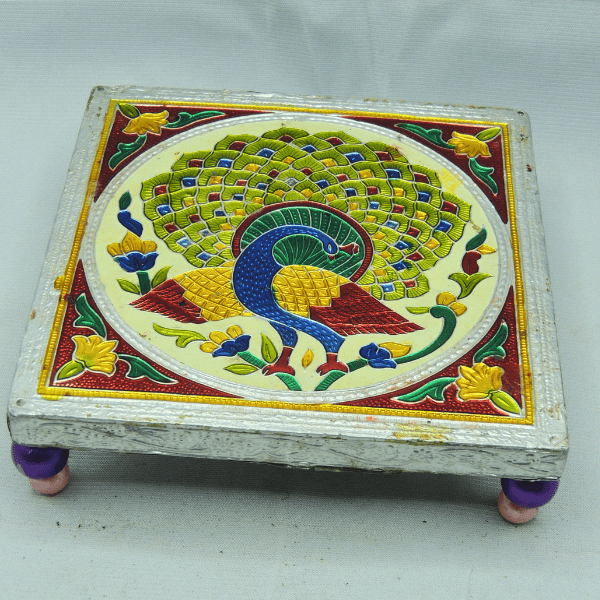 Intricate Peacock Design Painted Square Shape Chauki - India shopping