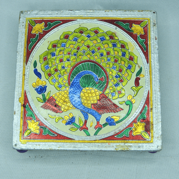 Intricate Peacock Design Painted Square Shape Chauki - India shopping